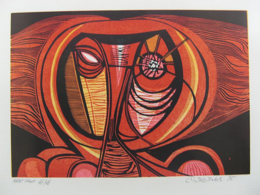 Click the image for a view of: Cecil Skotnes. Untitled (female head, frontal). 1975. Woodcut. Artist Proof VIII/VIII. 490X565mm
